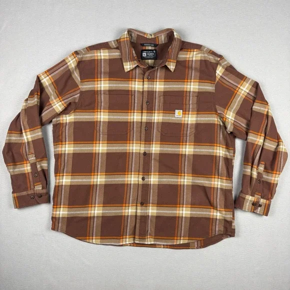 Carhartt Rugged Flex Plaid Flannel Shirt Mens 2XL Brown Orange TW5945-M Relaxed - Picture 1 of 9